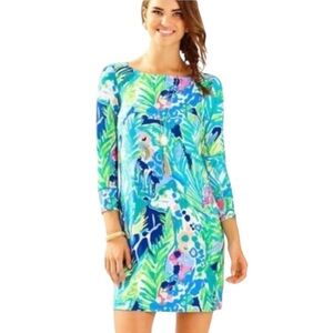 Lilly Pulitzer Sophie Dress Multi Purrfect Print Blue Green Long Sleeve XXS NWOT